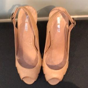 Tan open toe leather high-heels
